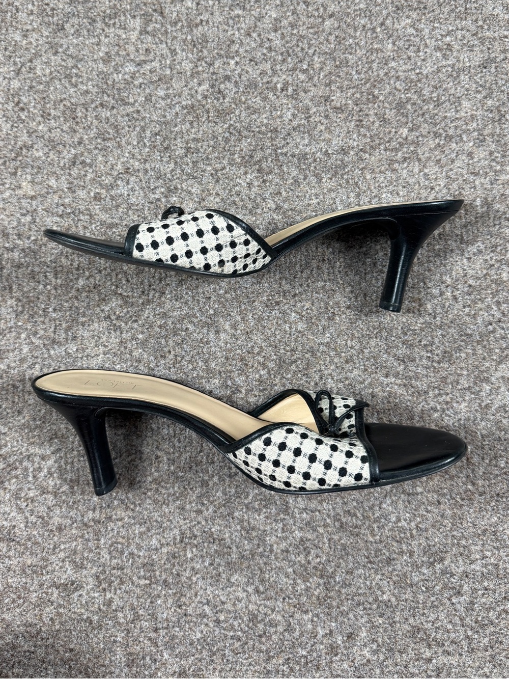 Y2K Loft Black White Polka Dot Textile Open Toe Dainty Kitten Heels Women’s 8.5 - Picture 10 of 11
